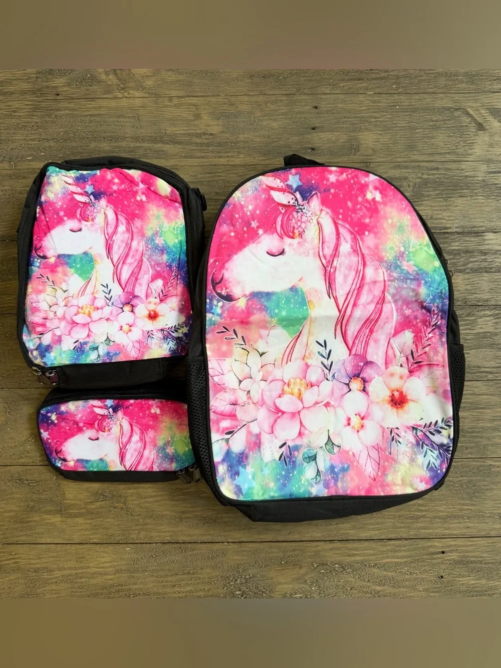 Unicorn three-piece backpack set Includes backpack, lunch bag, and pencil bag